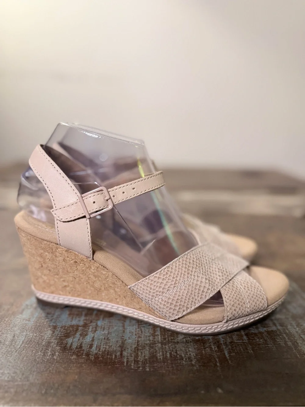 Clarks Blush Tan Crisscross Wedge Sandals
